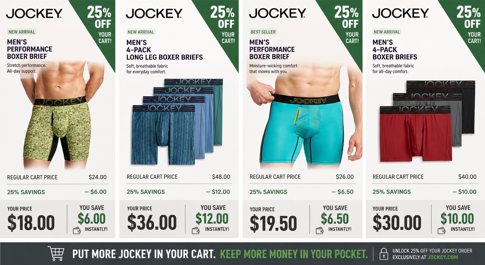 Jockey men's performance essentials, 25% off with code JOCKEY