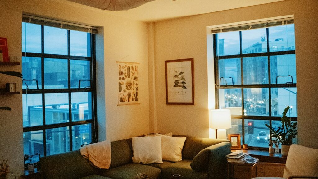 Cozy living room with a fireplace in the evening